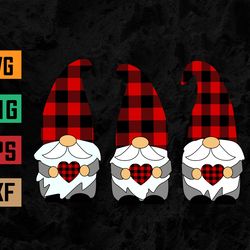 Three Gnomes Holding Heart & Plaid Valentine's Day Svg, Eps, Png, Dxf, Digital Download