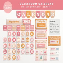 Classroom Calendar Display and Weather Station, Editable Printable Bundle, Retro Pink Boho Classroom Decor, PNG, PDF