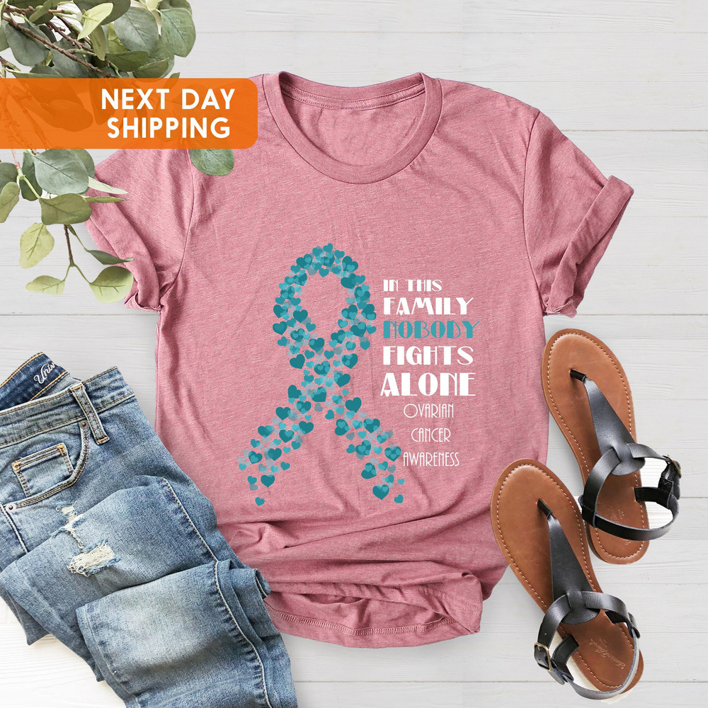 Ovarian Cancer Awareness Unisex T-shirt, In This Family Nobody Fights Alone, Awareness Month, Cancer Warrior Tee, Cancer, Support Squad Gift - 3.jpg