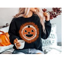 tie dye effect jack-o-lantern halloween sweatshirt, fall autumn pumpkin sweatshirt, cute spooky season halloween crewnec