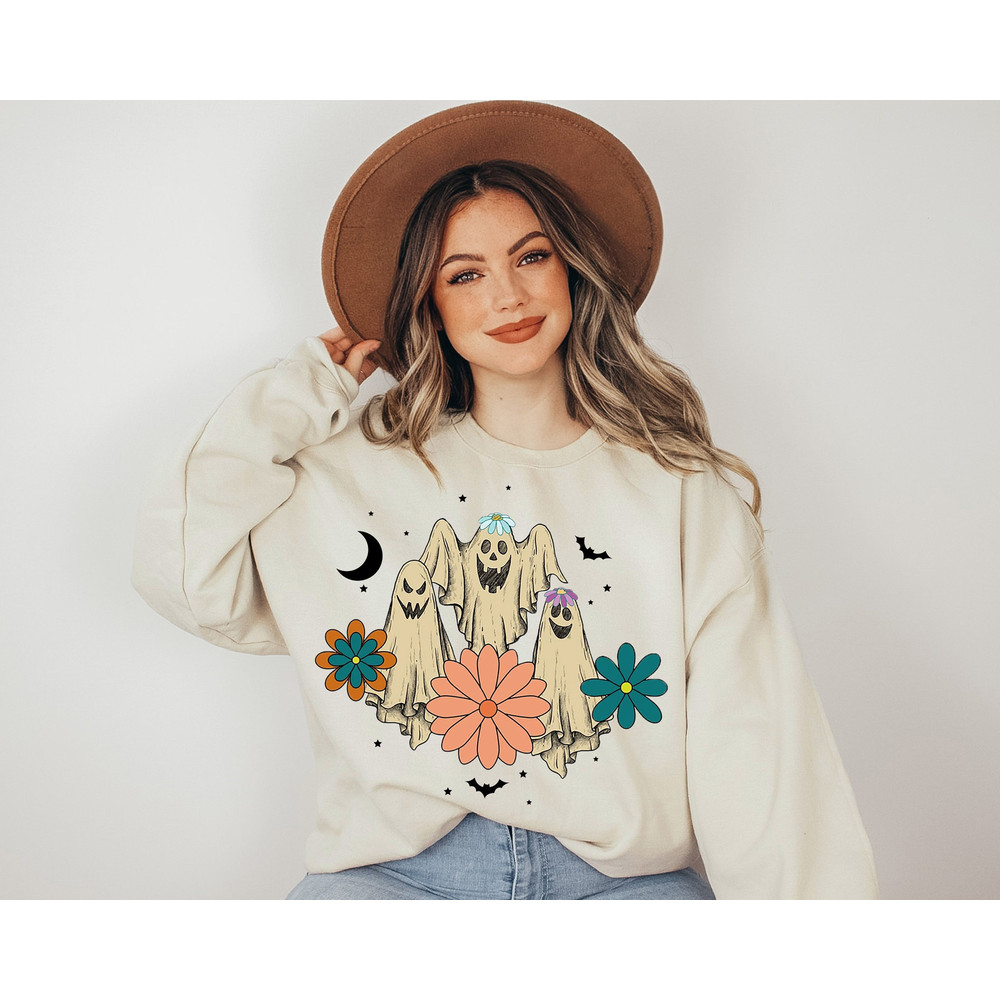 Spooky Season Sweatshirt, Retro Floral Ghost Sweatshirt, Halloween Costume, Cute Halloween Shirt, Trick Or Treat, Women Halloween Sweater - 1.jpg