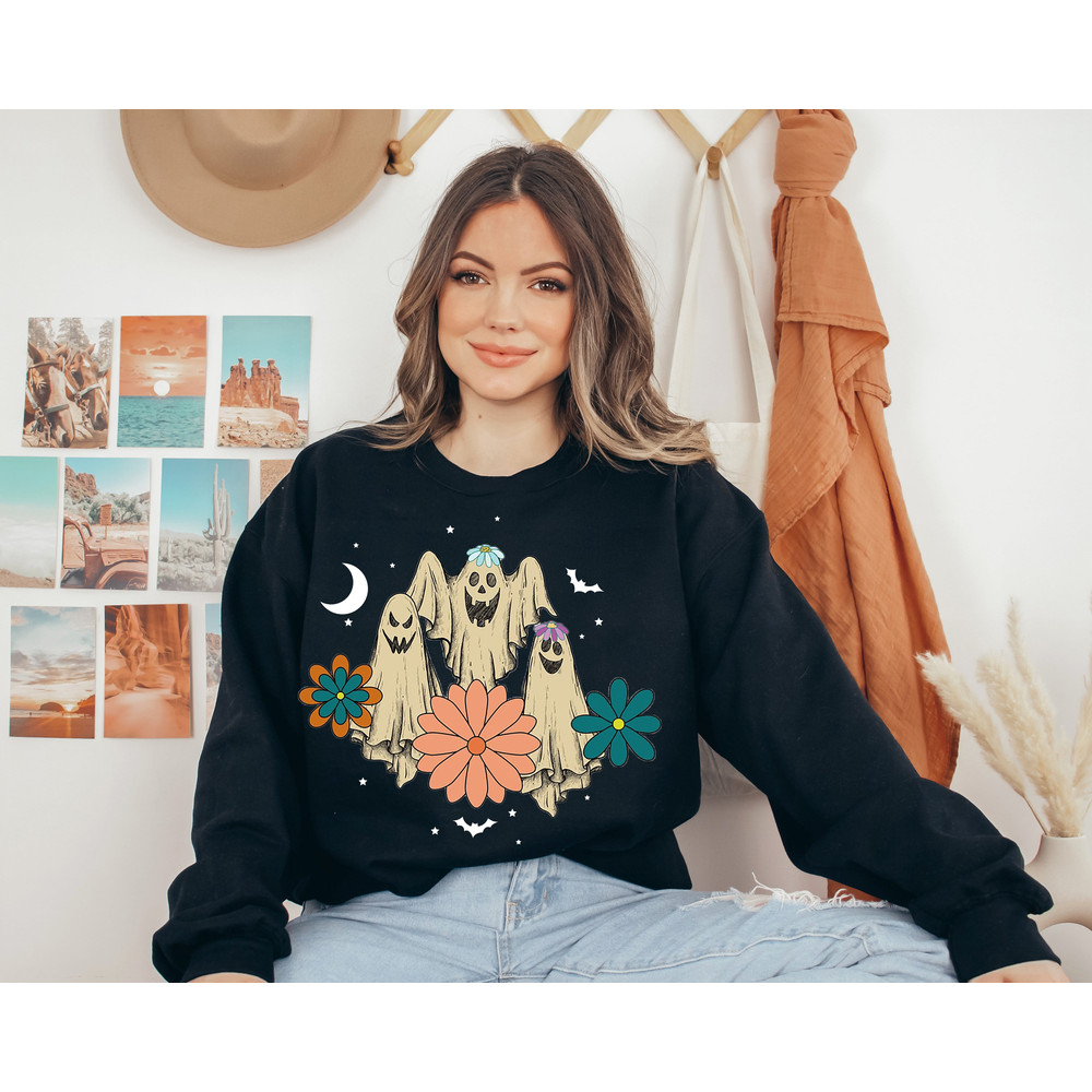 Spooky Season Sweatshirt, Retro Floral Ghost Sweatshirt, Halloween Costume, Cute Halloween Shirt, Trick Or Treat, Women Halloween Sweater - 3.jpg