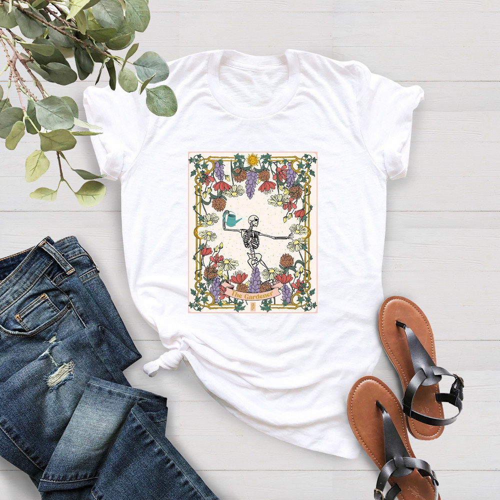 The Gardener Skeleton Tarot Tee, Tarot Card Skeleton Tee, Plant Lover Tarot Shirt, Skeleton Shirt, Gardener Tarot Skeleton, Gardening Gift - 1.jpg