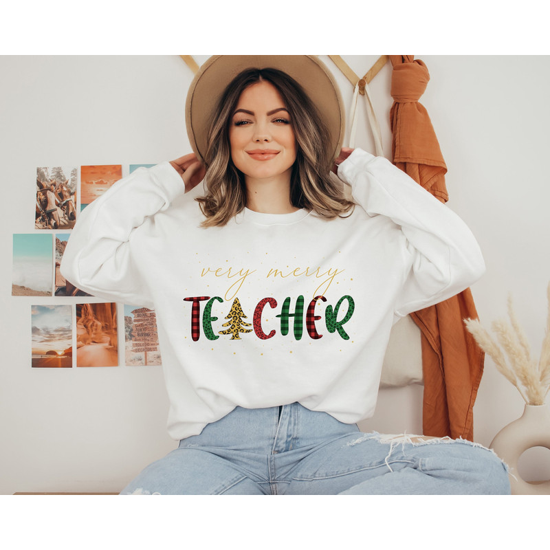 Very Merry Teacher Shirt, Christmas Gift For Teacher, Holiday, Teacher Christmas Shirt, Leopard & Buffalo Plaid Shirt, Christmas Tree Shirt - 1.jpg