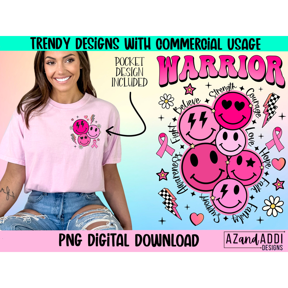 Breast cancer warrior png, retro breast cancer sublimation design, pink cancer awareness png, pink smiley face png, October cancer awareness - 1.jpg