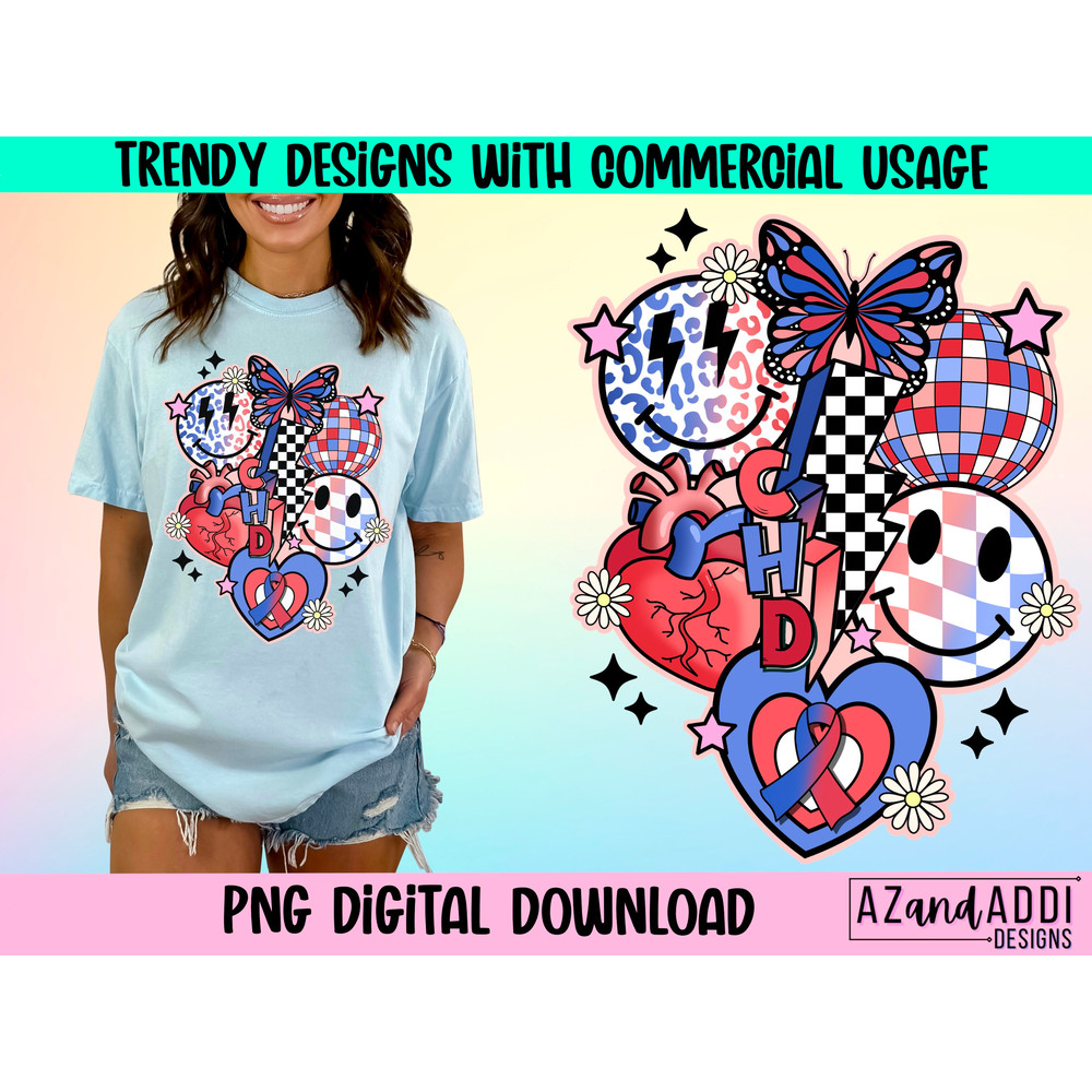 CHD awareness png, anatomical heart design, retro sublimation png, retro smiley face collage, inspirational design, CHD ribbon png - 1.jpg