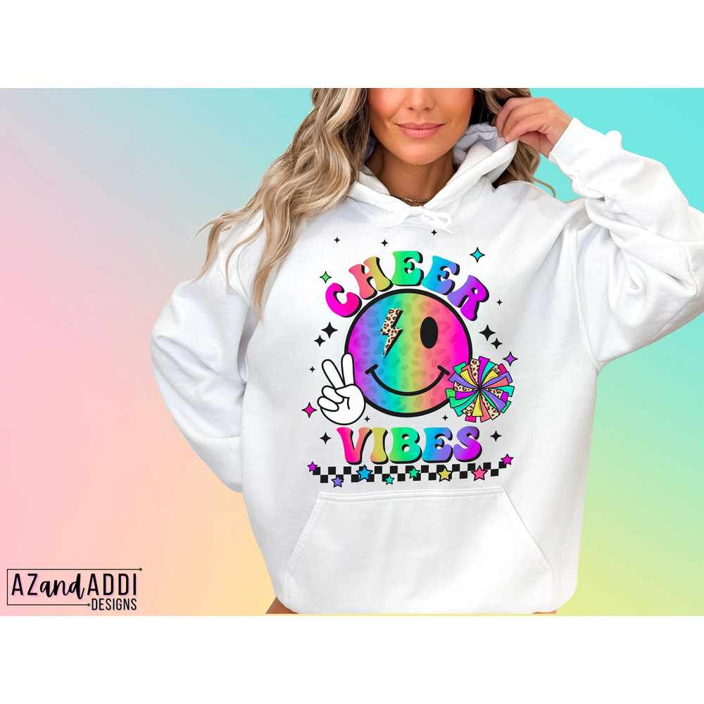 Cheer vibes png, retro cheer sublimation design, cheer competition design for shirts, neon cheer smiley face, trendy cheer digital download - 6.jpg