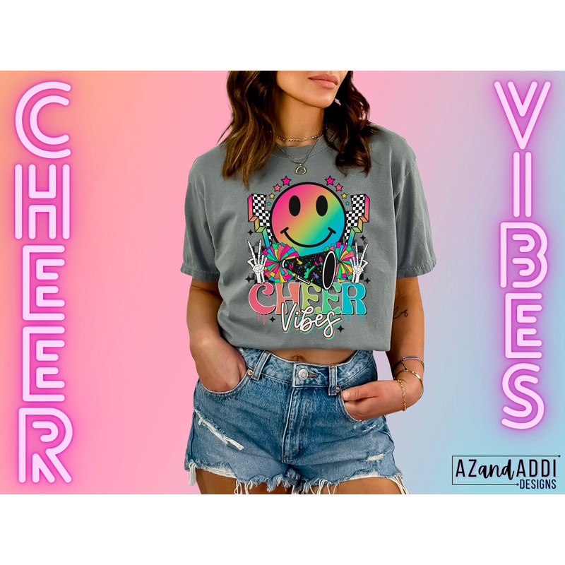 Cheer vibes png, retro cheer sublimation design, neon cheer digital design download for print, cute cheer shirt, cheer smiley face png - 2.jpg