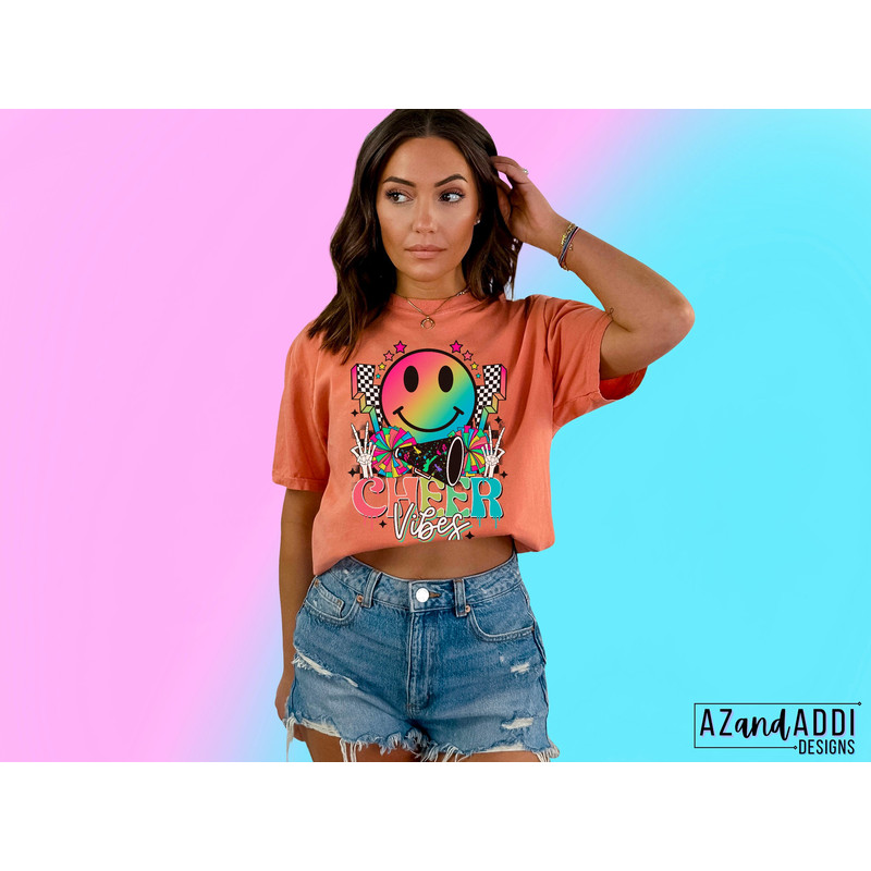 Cheer vibes png, retro cheer sublimation design, neon cheer digital design download for print, cute cheer shirt, cheer smiley face png - 3.jpg