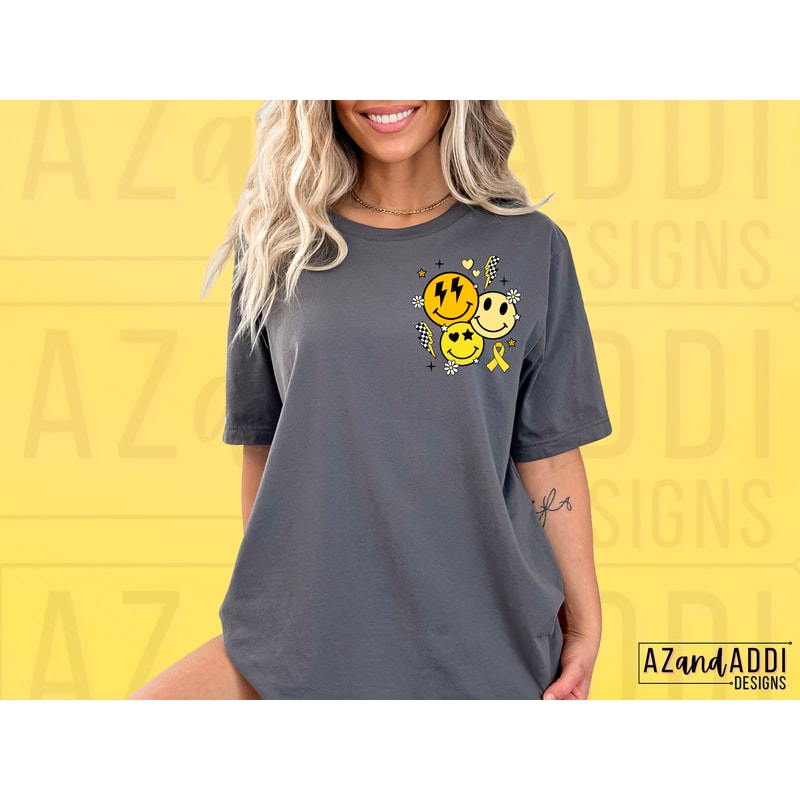 Childhood cancer smiley face png, inspirational cancer png, childhood cancer awareness, retro png, front and back png, yellow cancer ribbon - 2.jpg