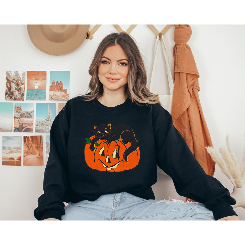 Vintage Black Cat Sweatshirt, Halloween Sweatshirt, Pumpkin Sweatshirt, Trick or Treat Sweatshirt, Fall Sweatshirt, Fall Tee,Halloween Gifts - 2.jpg