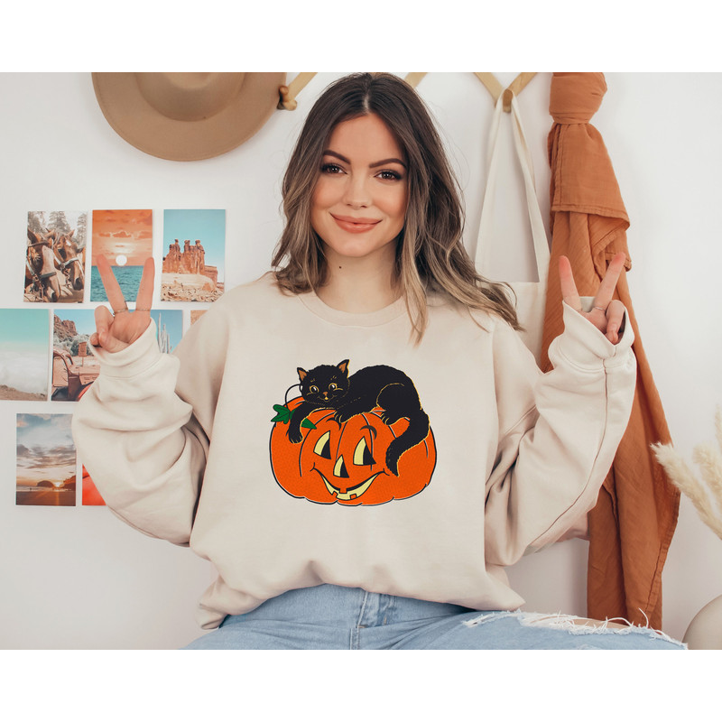 Vintage Black Cat Sweatshirt, Halloween Sweatshirt, Pumpkin Sweatshirt, Trick or Treat Sweatshirt, Fall Sweatshirt, Fall Tee,Halloween Gifts - 4.jpg