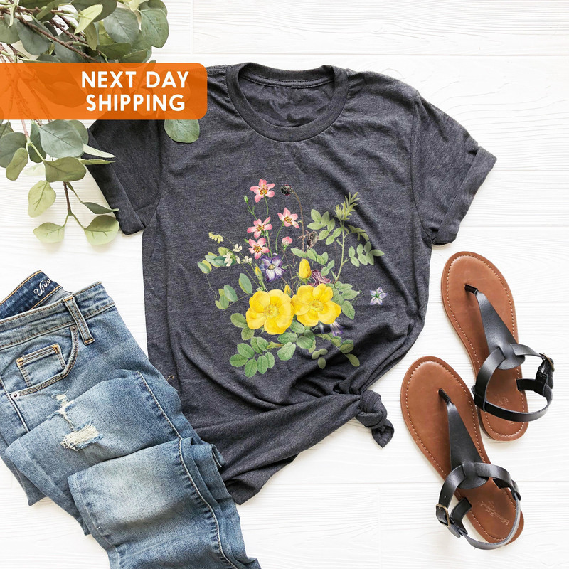Vintage Style Wildflowers Graphic Tee Shirt For Women, Wild Flower Bouquet, Hiking Outdoor, Botanical T-Shirt, Spring Shirt, Camping T-Shirt - 1.jpg