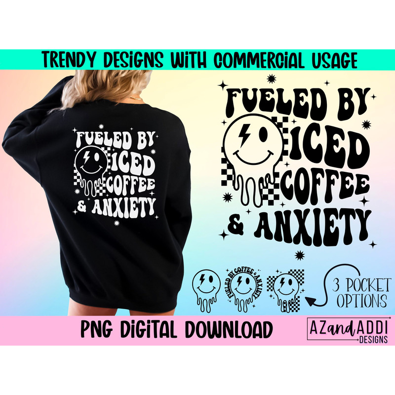 Fueled by iced coffee png, retro anxiety png, mom life png, melting smiley face pocket design, retro smiley sublimation png, trendy png - 1.jpg