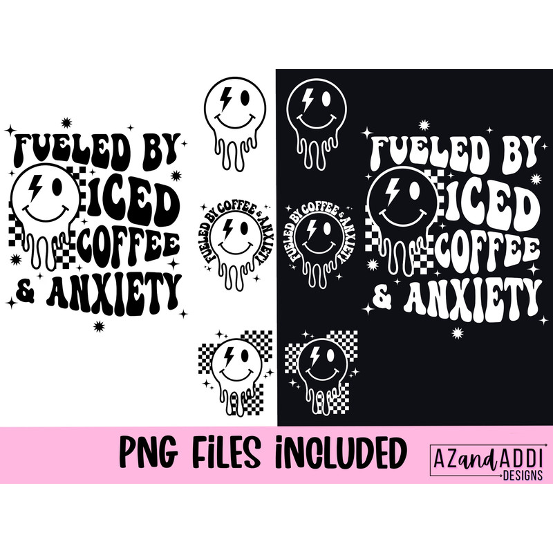 Fueled by iced coffee png, retro anxiety png, mom life png, melting smiley face pocket design, retro smiley sublimation png, trendy png - 2.jpg