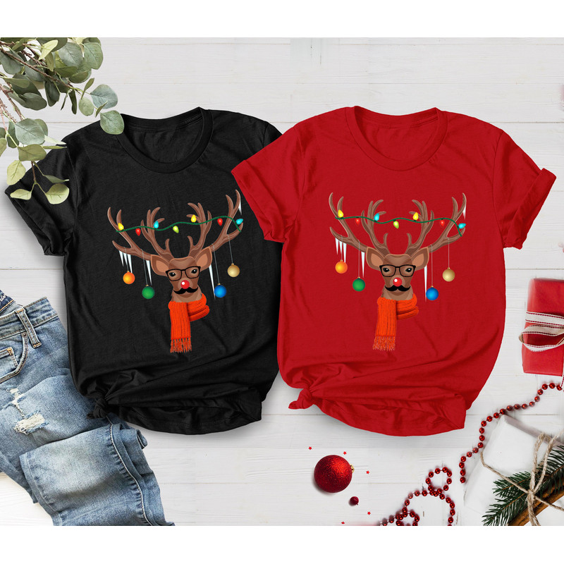 Women's Reindeer Wearing Sweater, Moustache Lights Ugly Christmas Sweater, Santa Gift Long Sleeve T-Shirt, Funny Xmas Gifts, Winter Holiday - 4.jpg