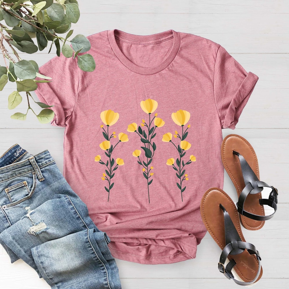 Yellow Flowers and Stems, Cute Boho Yellow Flowers Design Shirt, Wildflower Shirt, Yellow Flowers Tee, Gift For Mom, Spring Shirt - 1.jpg