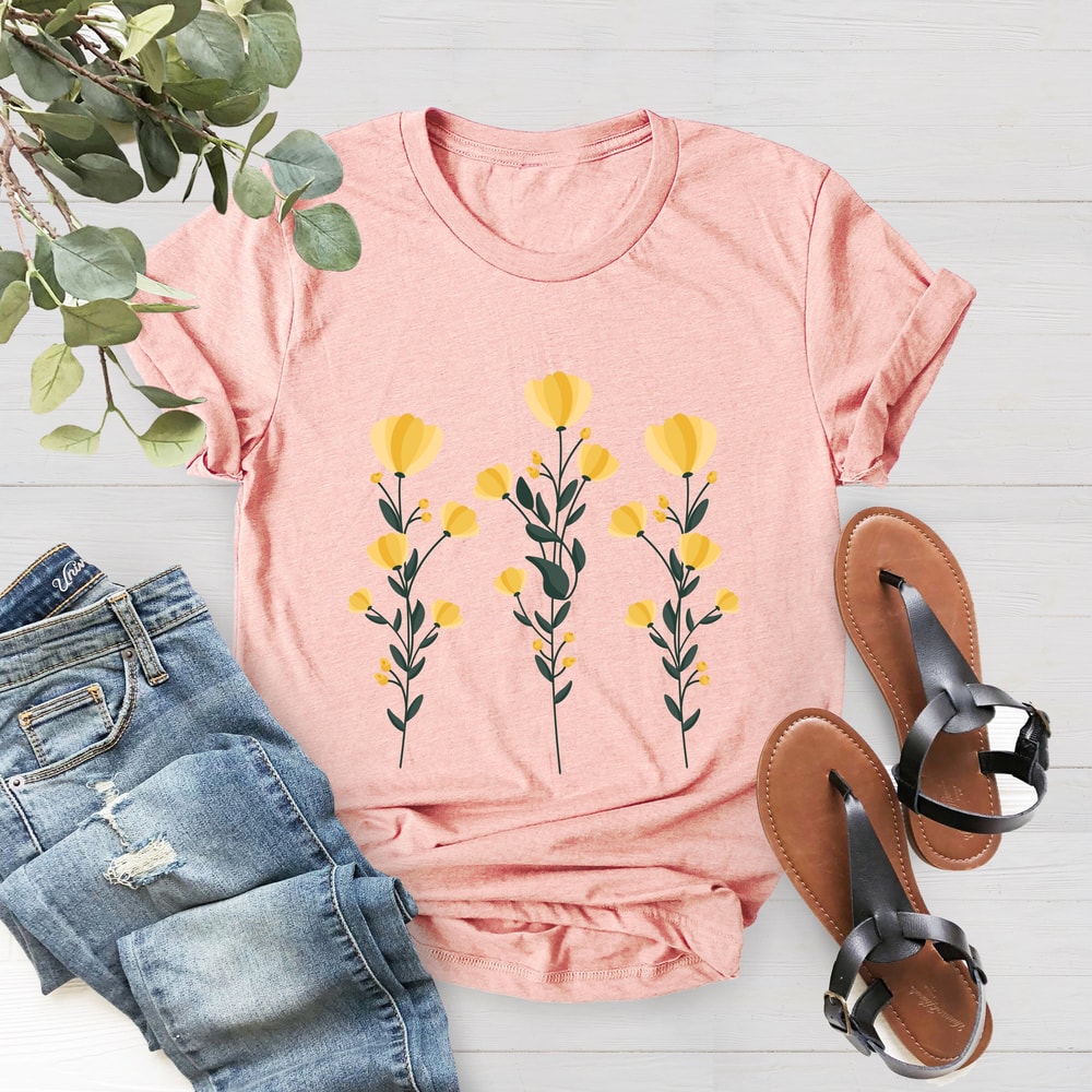 Yellow Flowers and Stems, Cute Boho Yellow Flowers Design Shirt, Wildflower Shirt, Yellow Flowers Tee, Gift For Mom, Spring Shirt - 3.jpg