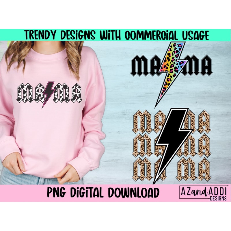 Mama PNG, Rock n Roll Mama, Cow Print Mama Sublimation, Leopard Print Mama PNG, Rainbow Leopard Lightning Bolt, Gift for Mom, Rock Fan Tee - 1.jpg