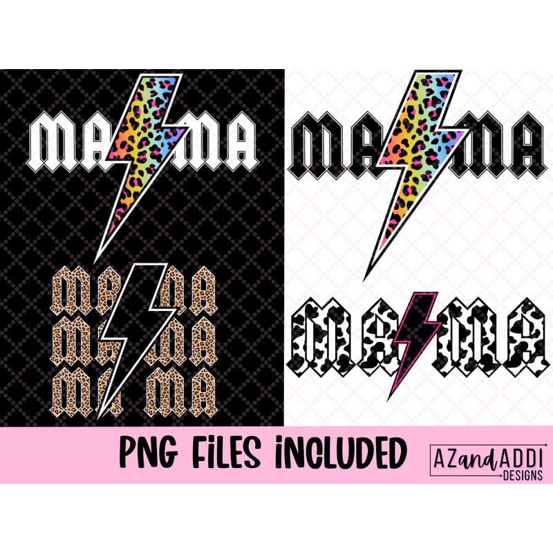 Mama PNG, Rock n Roll Mama, Cow Print Mama Sublimation, Leopard Print Mama PNG, Rainbow Leopard Lightning Bolt, Gift for Mom, Rock Fan Tee - 2.jpg