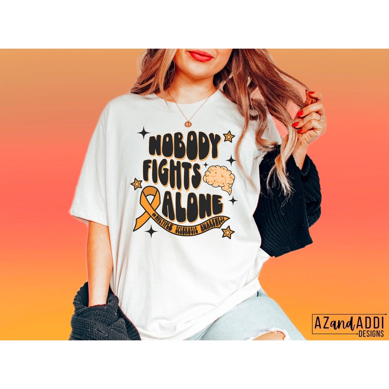 Multiple sclerosis awareness png, nobody fights alone MS png, MS warrior png, retro MS support png, orange ribbon png, digital download - 3.jpg