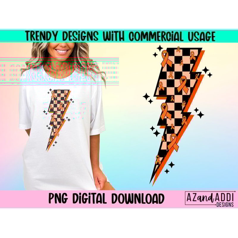 Multiple sclerosis awareness png, orange checkered lightning bolt Png, MS orange ribbon png, retro sublimation, digital download, MS warrior - 1.jpg