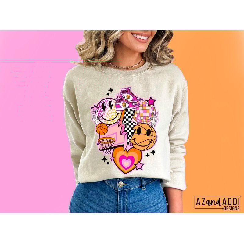 Retro basketball sublimation design, basketball smiley face collage png, trendy basketball shirt design, basketball vibes png, digital png - 3.jpg