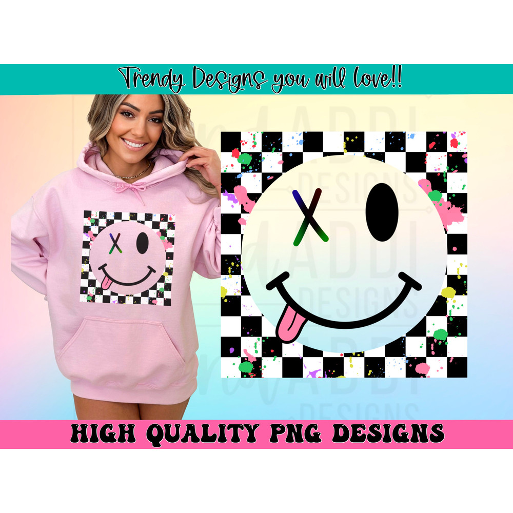 Retro checkered smiley face png, smiley face sublimation design, boho smiley face png, good vibes png, digital download, trendy shirt design - 1.jpg