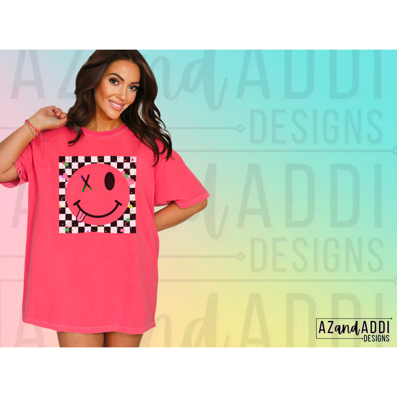 Retro checkered smiley face png, smiley face sublimation design, boho smiley face png, good vibes png, digital download, trendy shirt design - 2.jpg