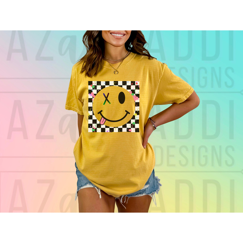 Retro checkered smiley face png, smiley face sublimation design, boho smiley face png, good vibes png, digital download, trendy shirt design - 3.jpg