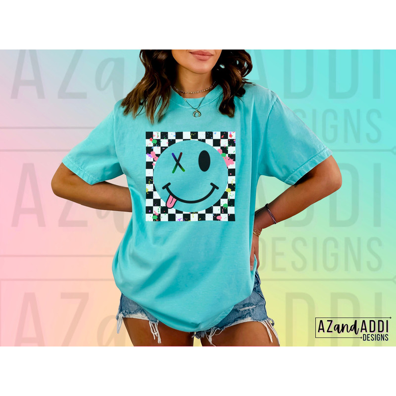 Retro checkered smiley face png, smiley face sublimation design, boho smiley face png, good vibes png, digital download, trendy shirt design - 4.jpg
