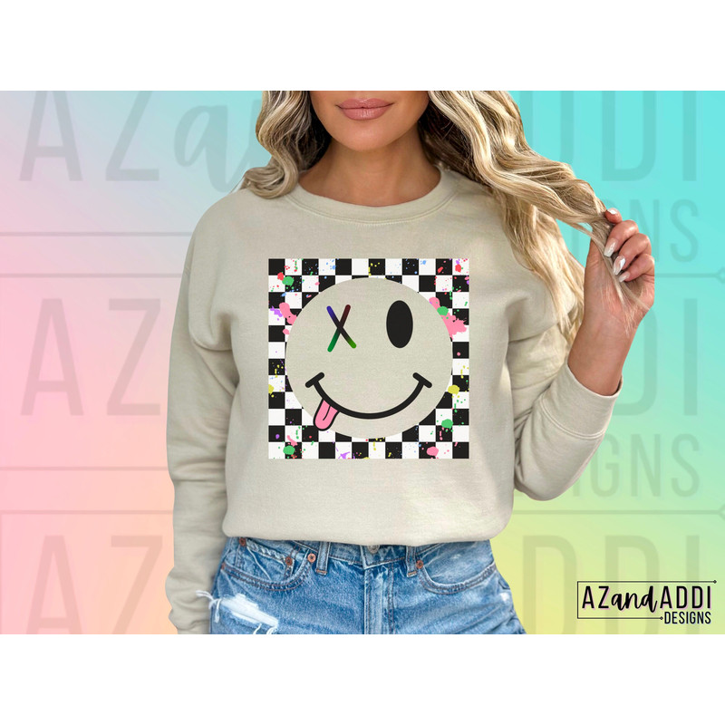 Retro checkered smiley face png, smiley face sublimation design, boho smiley face png, good vibes png, digital download, trendy shirt design - 5.jpg