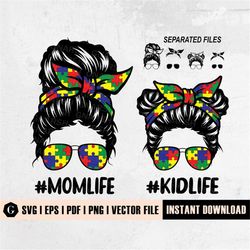mom life kid life autism svg file | aviator glasses svg | messy bun hair svg | autism mom svg | autism kid svg | momlife