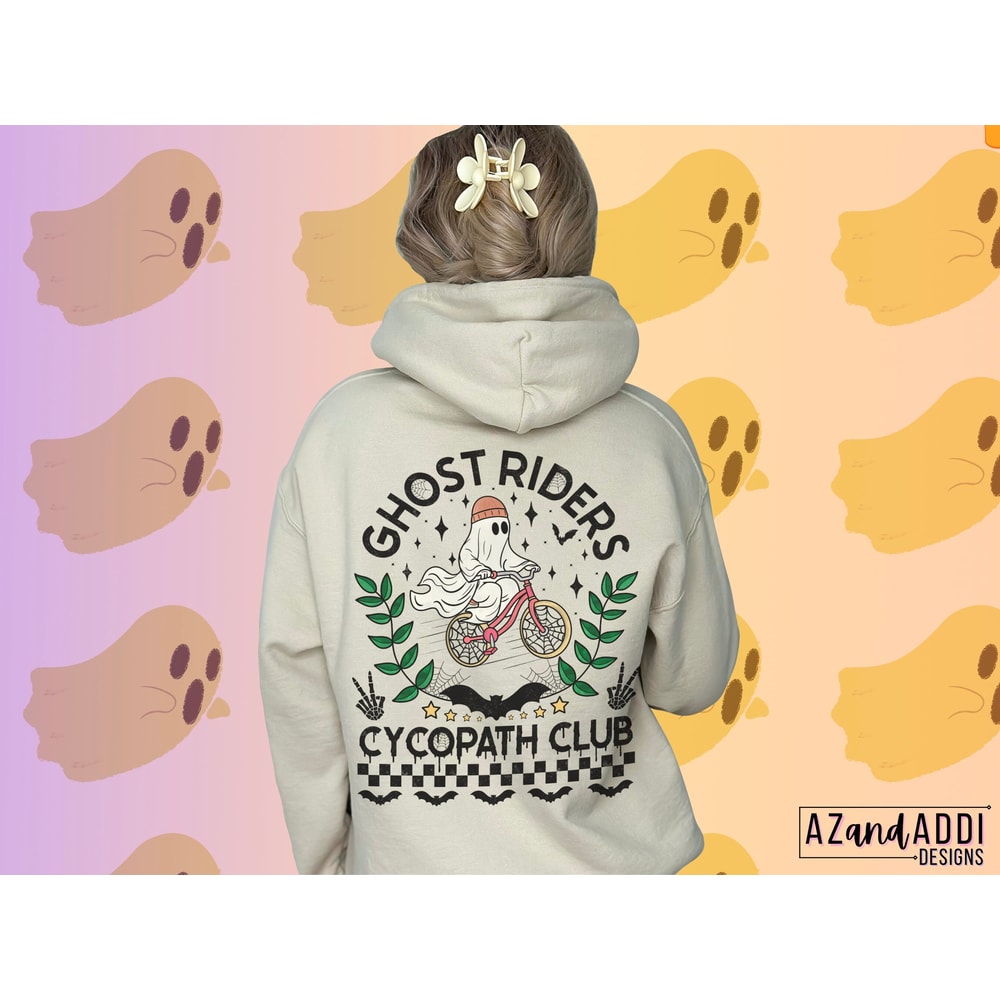 Retro Halloween sublimation png, cycopath png, bicycle png, ghost png, spooky season png, front back png design, Halloween design download - 2.jpg