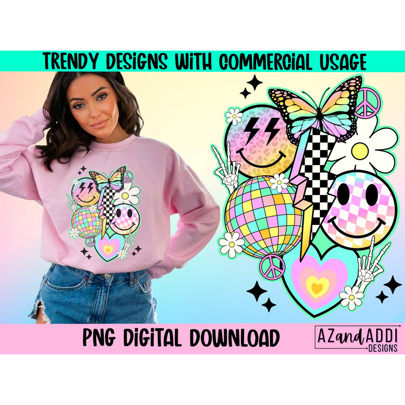 Retro smiley face collage png, retro spring sublimation design, checkered lightning bolt Png, butterfly png, pastel smiley face, digital png - 1.jpg