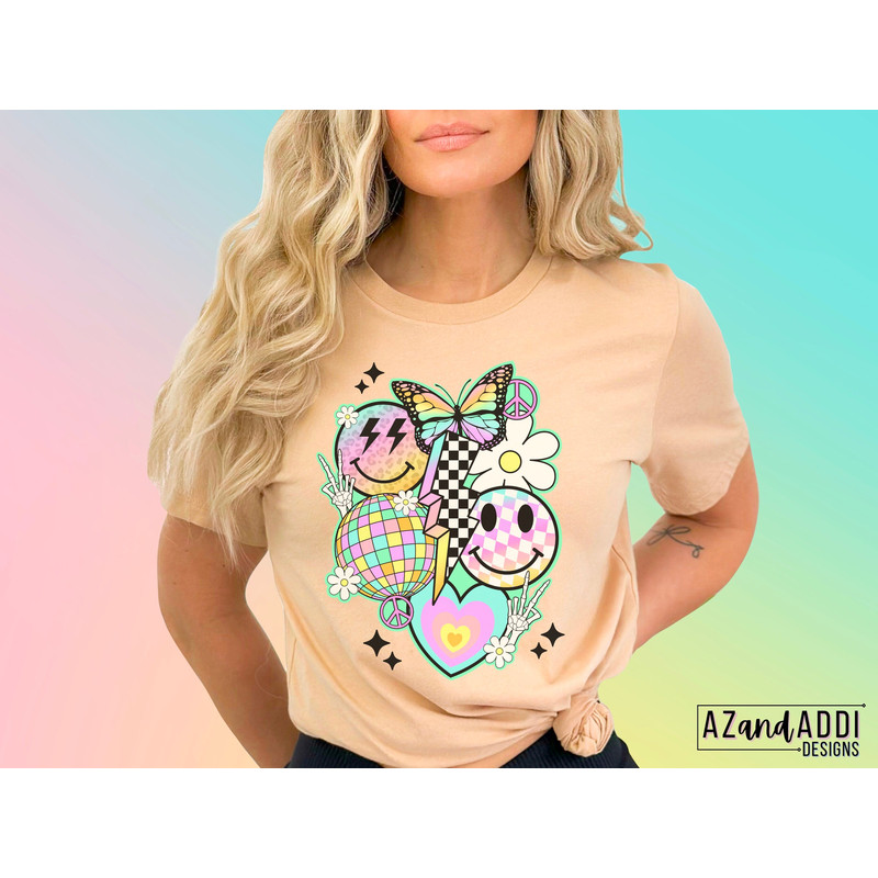 Retro smiley face collage png, retro spring sublimation design, checkered lightning bolt Png, butterfly png, pastel smiley face, digital png - 2.jpg