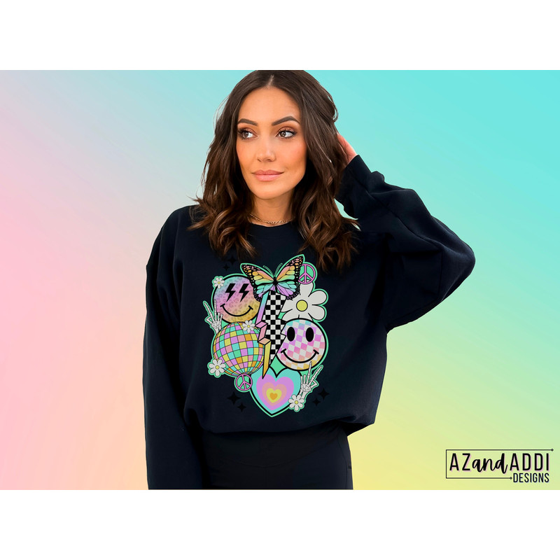 Retro smiley face collage png, retro spring sublimation design, checkered lightning bolt Png, butterfly png, pastel smiley face, digital png - 3.jpg