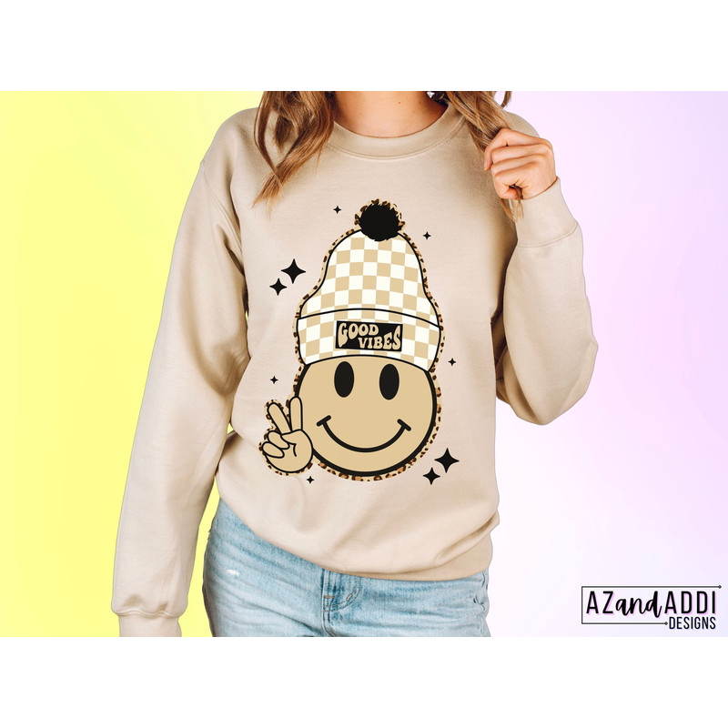 Retro smiley face with beanie png, good vibes sublimation design, good vibes smiley, trendy smiley face, checkered beanie, digital download - 3.jpg