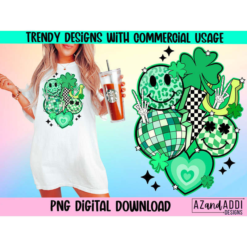 Retro st Patrick’s day png, green smiley face png, checkered lightning bolt, st Patrick’s disco ball, feeling lucky, retro, clover, heart - 1.jpg