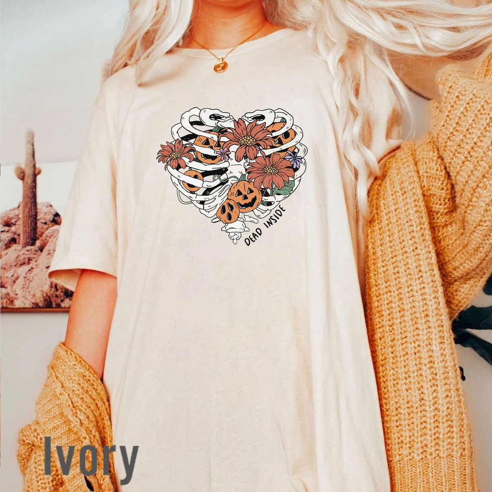 Dead Inside Retro Halloween Comfort Colors Shirt, Floral Halloween Sweatshirt, Wildflower Tees, Skeleton Shirt, Halloween Gifts For Her - 2.jpg