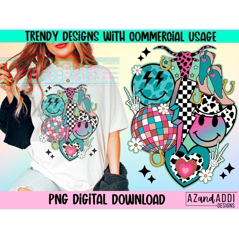 Retro western png, western smile face collage, western sublimation design, cowboy smile face, cowgirl boots png, let’s go girls png - 1.jpg