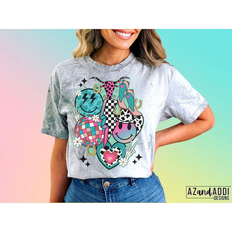 Retro western png, western smile face collage, western sublimation design, cowboy smile face, cowgirl boots png, let’s go girls png - 2.jpg