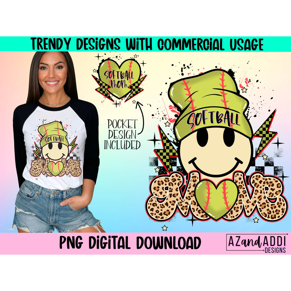Softball mom png, retro sports sublimation design, smiley face png, sports beanie png, softball png, trendy front and back digital download - 1.jpg