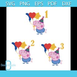 Pink Pig Birthday 1 To 3 Bundle Svg, Birthday Svg, Heart Balloon Svg, Pink Pig Svg, Birthday Hat Svg, Star Svg, Birthday