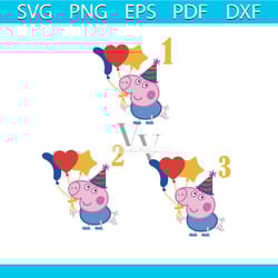 pink pig birthday 1 to 3 bundle svg, birthday svg, heart balloon svg, pink pig svg, birthday hat svg, star svg, birthday
