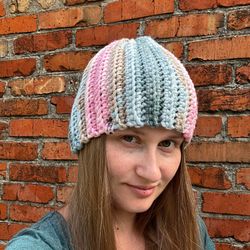 A crocheted colorful beanie