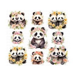 watercolor floral crown panda clipart, flower crown png, cute panda clip art, card making clipart, digital paper clipart