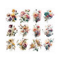 watercolor flowers clipart, floral clip art, mini floral bouquet png, flower bouquet png, spring summer wedding, bridal