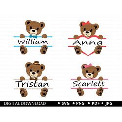 Teddy Bear SVG PNG, Bear Split Monogram, Baby Shower Decor, Cute Bear Bundle Clipart, Girl Boy Bear Svg Cut files For Cr