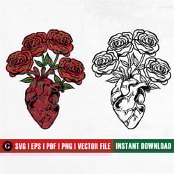 heart roses svg | rose heart svg | cardiology svg | anatomical heart with flowers svg | floral heart svg | human heart s